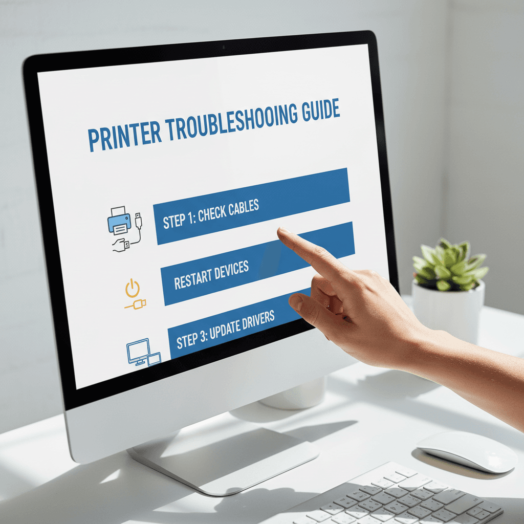 Step-by-step printer troubleshooting guide on computer screen