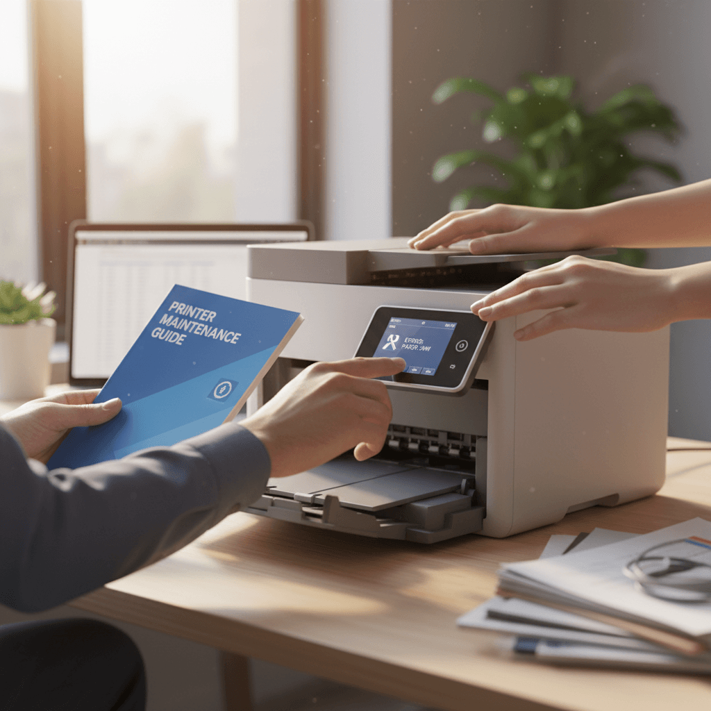 Technician following printer troubleshooting guide