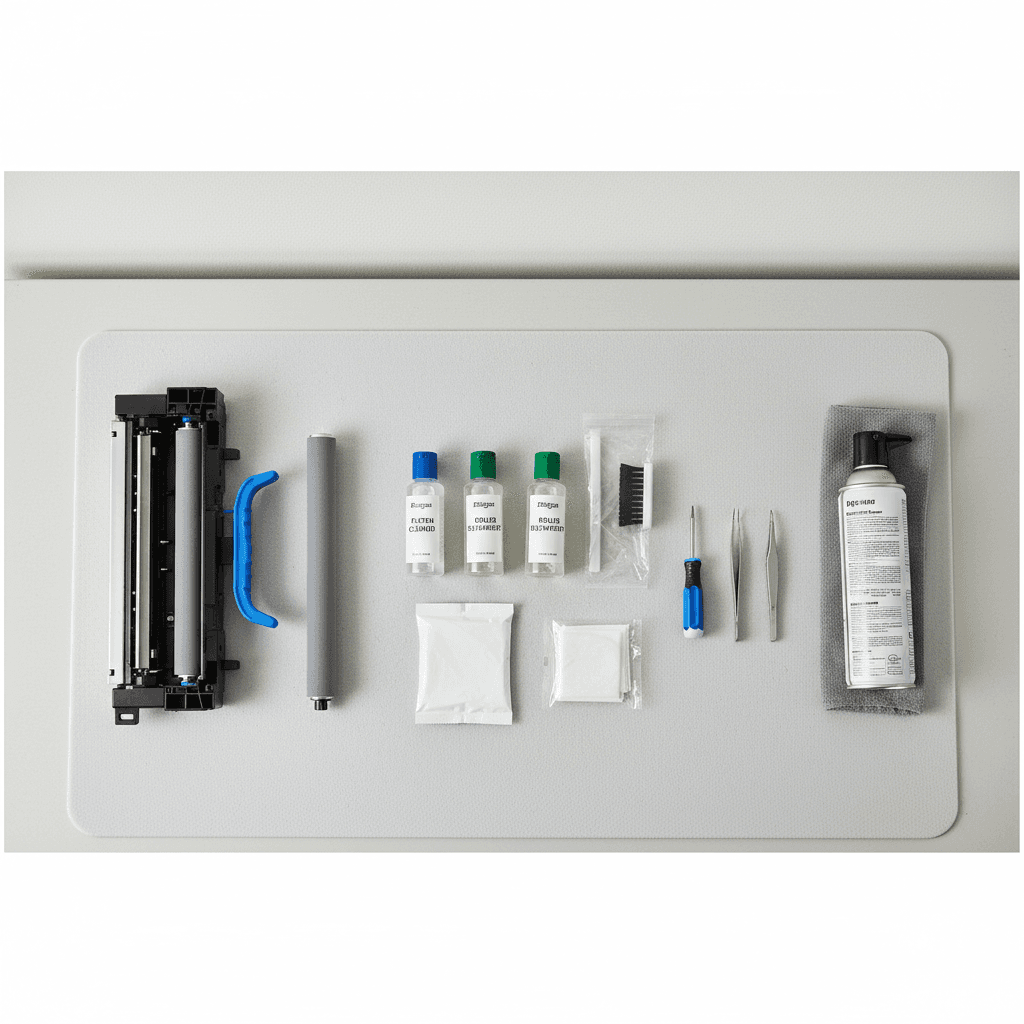 Printer maintenance supplies and tools organized for cleaning